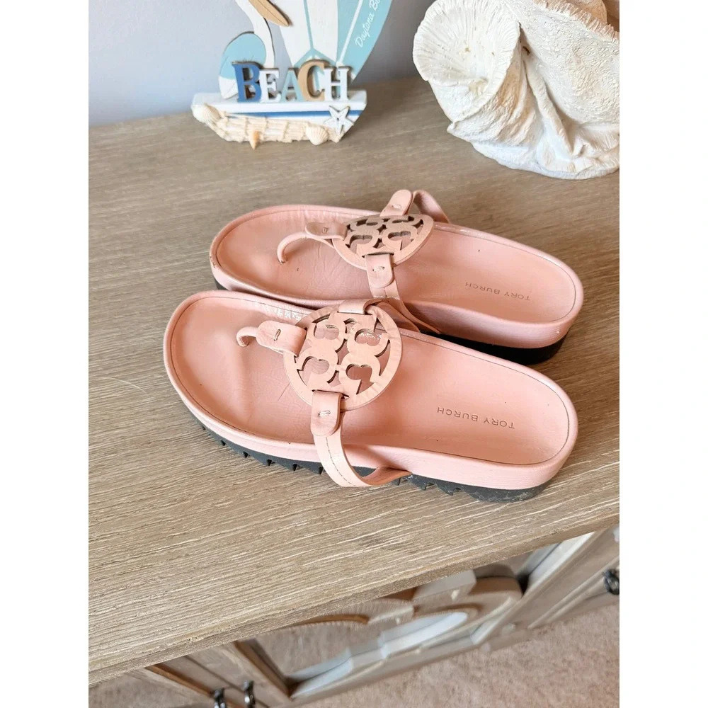 Tory Burch Miller Cloud Sandals Womens Pink Leather Platform Thong 6.5